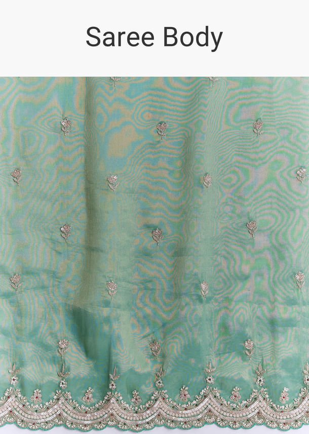 Grass Green Silk Saree With Heavy Hand Embroidery