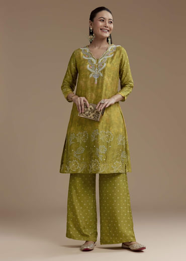 Green Abstract Print Silk Kurta and Palazzo Set