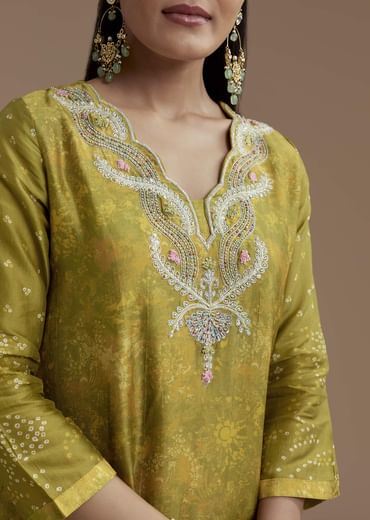 Green Abstract Print Silk Kurta and Palazzo Set