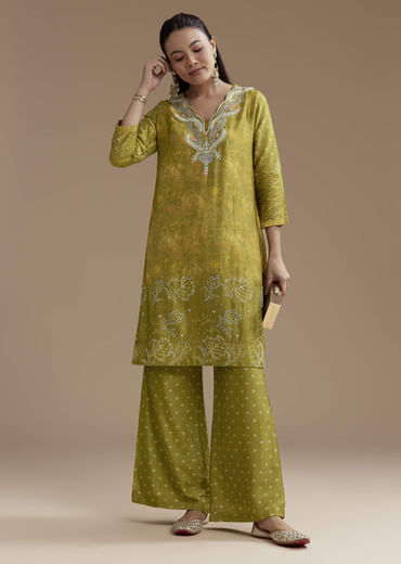 Green Abstract Print Silk Kurta and Palazzo Set