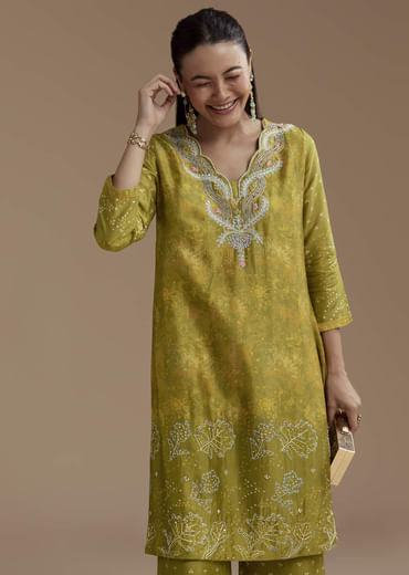 Green Abstract Print Silk Kurta and Palazzo Set
