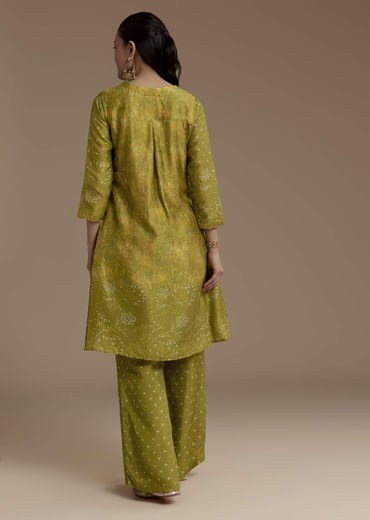 Green Abstract Print Silk Kurta and Palazzo Set