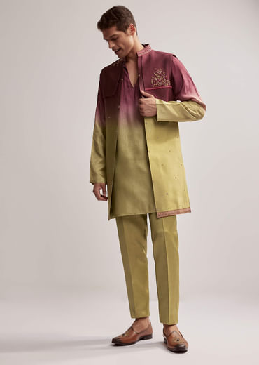Green And Wine Ombre Silk Kurta Jacket Set For Men With Embroidery