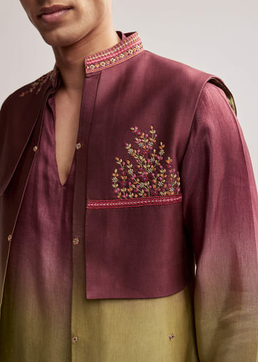 Green And Wine Ombre Silk Kurta Jacket Set For Men With Embroidery