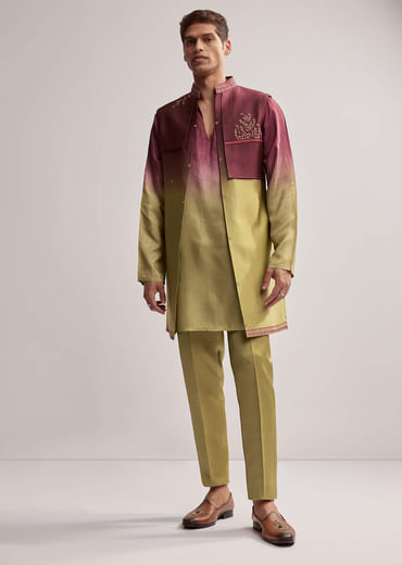 Green And Wine Ombre Silk Kurta Jacket Set For Men With Embroidery