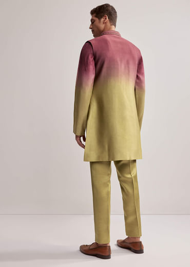 Green And Wine Ombre Silk Kurta Jacket Set For Men With Embroidery