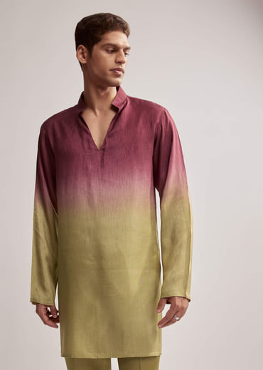 Green And Wine Ombre Silk Kurta Jacket Set For Men With Embroidery