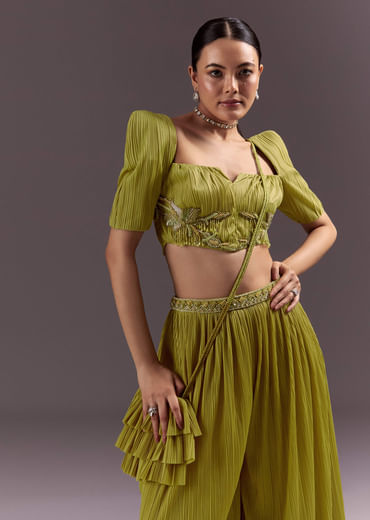Green Blouse Palazzo Suit With Hand Embroidery And Sling Bag