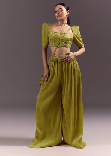 Green Blouse Palazzo Suit With Hand Embroidery And Sling Bag
