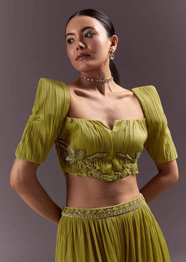 Green Blouse Palazzo Suit With Hand Embroidery And Sling Bag