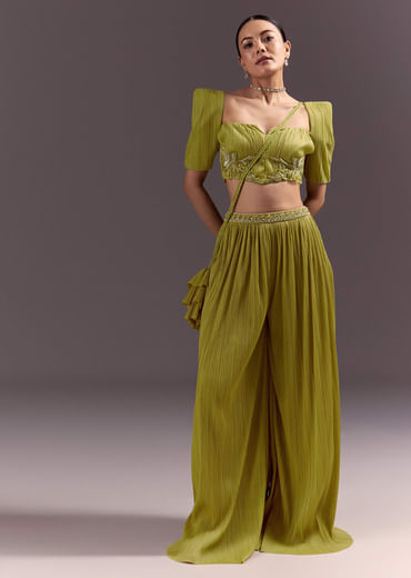 Green Blouse Palazzo Suit With Hand Embroidery And Sling Bag