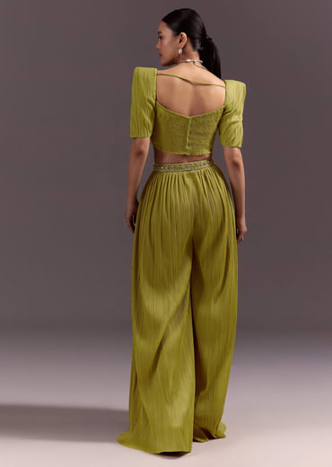 Green Blouse Palazzo Suit With Hand Embroidery And Sling Bag