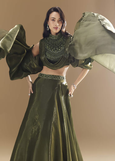 Green Bridesmaid Organza Lehega with Cowl Blouse