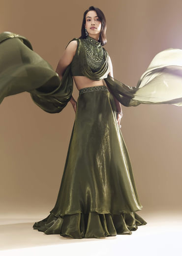 Green Bridesmaid Organza Lehega with Cowl Blouse
