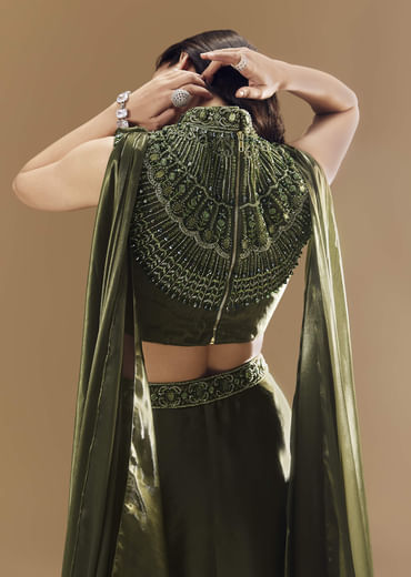 Green Bridesmaid Organza Lehega with Cowl Blouse