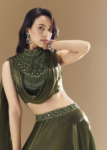 Green Bridesmaid Organza Lehega with Cowl Blouse