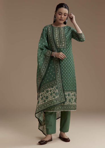 Green Chanderi Block Print Kurta Set