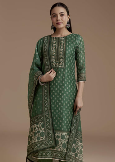 Green Chanderi Block Print Kurta Set