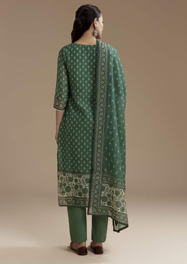 Green Chanderi Block Print Kurta Set