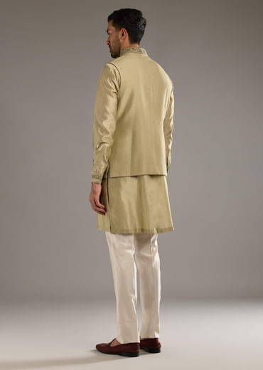 Green Chanderi Linen Kurta Jacket Set For Men With Dori Work