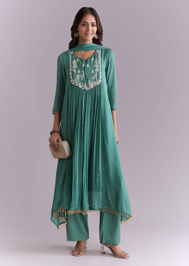 Green Chinon Anarkali Suit With Sequin And Resham Embroidery