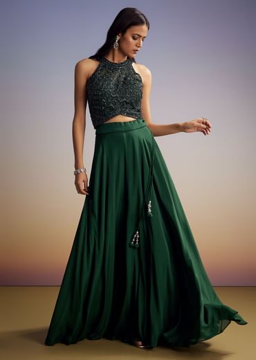 Green Chinon Crop Top Set With Sequins Work And Dupatta