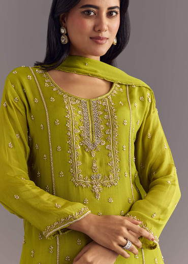 Green Chinon Kurta Set With Cutdana Moti Work Dupatta