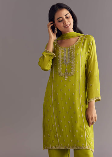 Green Chinon Kurta Set With Cutdana Moti Work Dupatta