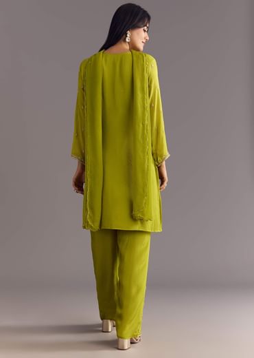 Green Chinon Kurta Set With Cutdana Moti Work Dupatta