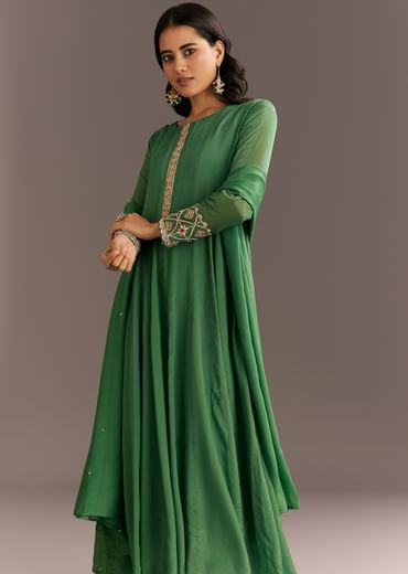 Green Chinon Kurta With Zardosi Moti Work On Neckline And Sleeves