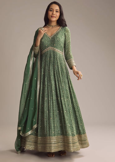 Green Chinon Printed Anarkali Suit With Heavy Embroidery