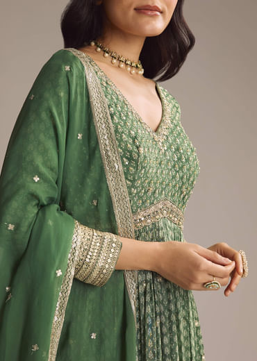 Green Chinon Printed Anarkali Suit With Heavy Embroidery