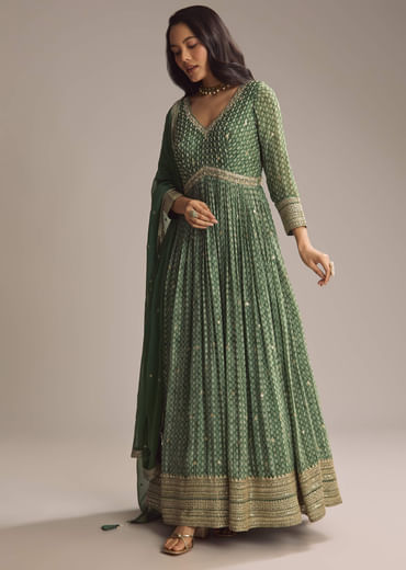 Green Chinon Printed Anarkali Suit With Heavy Embroidery