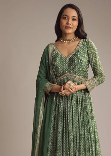 Green Chinon Printed Anarkali Suit With Heavy Embroidery