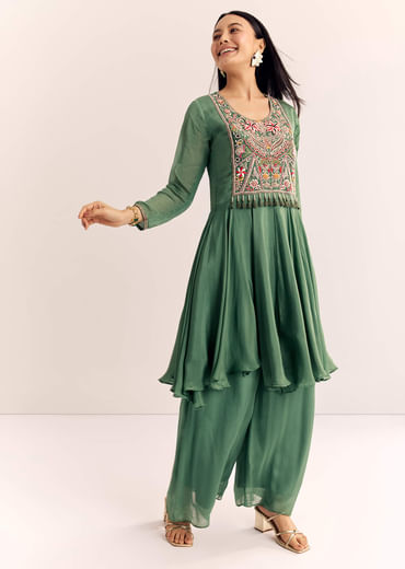 Green Chinon Zardosi Palazzo Suit