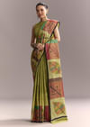 Green Cotton Authentic Hand Painted Saree With Contrast Border