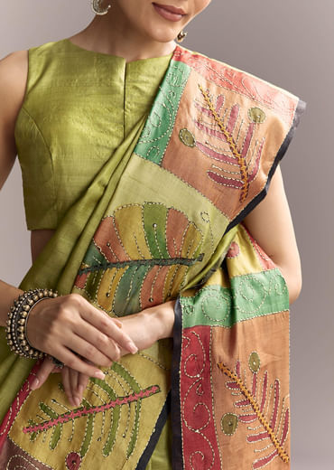 Green Cotton Authentic Hand Painted Saree With Contrast Border