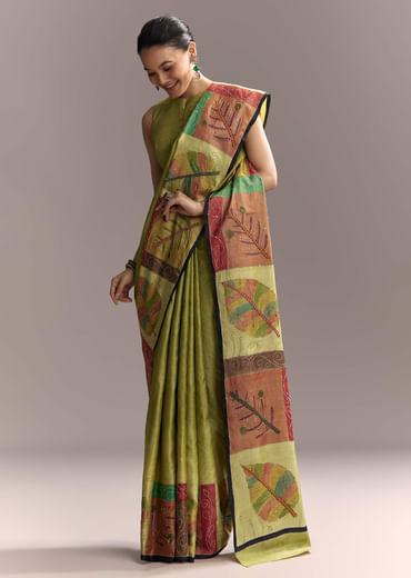 Green Cotton Authentic Hand Painted Saree With Contrast Border