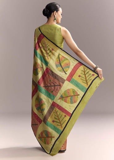 Green Cotton Authentic Hand Painted Saree With Contrast Border