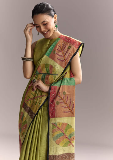 Green Cotton Authentic Hand Painted Saree With Contrast Border