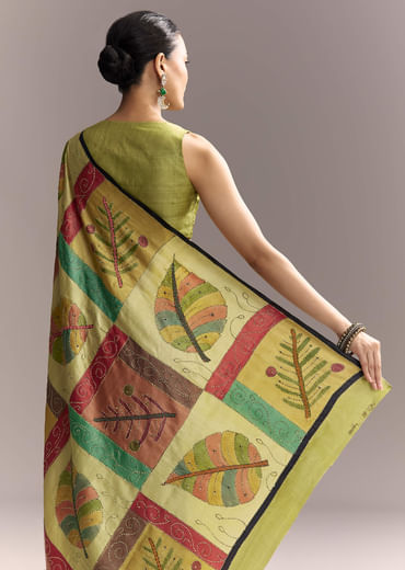 Green Cotton Authentic Hand Painted Saree With Contrast Border