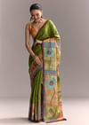 Green Cotton Saree With Hand Painted Floral Motifs And Contrast Border