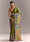 Green Cotton Saree With Hand Painted Floral Motifs And Contrast Border