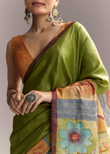 Green Cotton Saree With Hand Painted Floral Motifs And Contrast Border