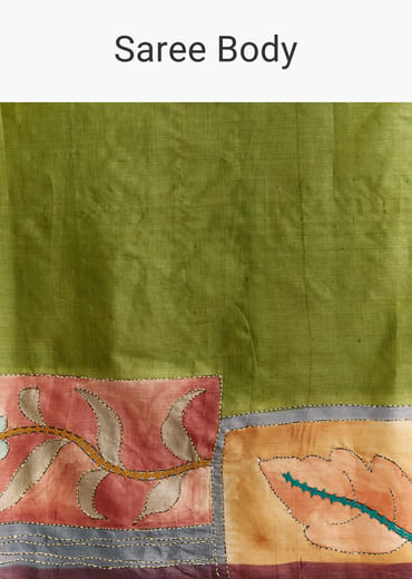 Green Cotton Saree With Hand Painted Floral Motifs And Contrast Border