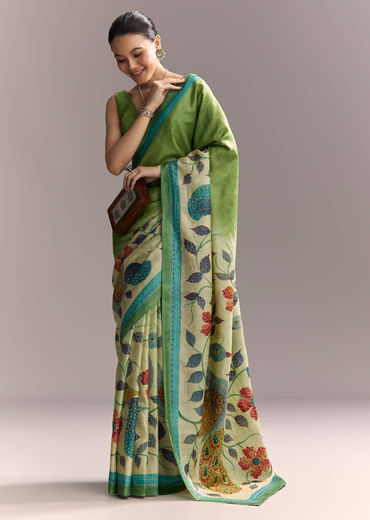 Green Cotton Saree With Hand Painted Motifs And Blue Border
