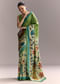 Green Cotton Saree With Hand Painted Motifs And Blue Border