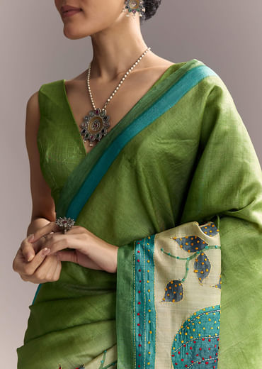 Green Cotton Saree With Hand Painted Motifs And Blue Border