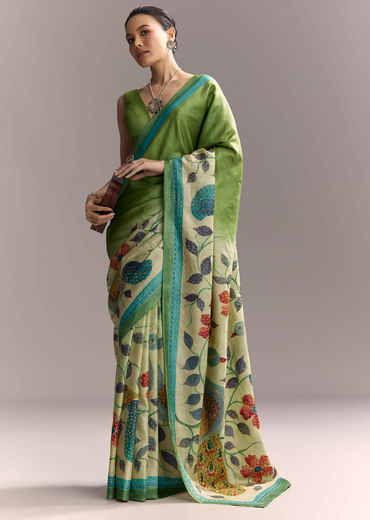 Green Cotton Saree With Hand Painted Motifs And Blue Border