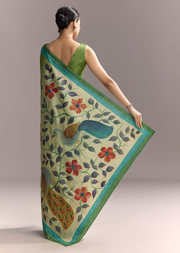 Green Cotton Saree With Hand Painted Motifs And Blue Border